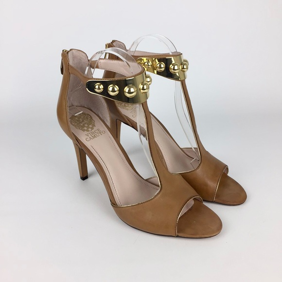 Vince Camuto Womens Kelva Brown Leather T Strap Heeled Sandal Gold Trim size 10 - Picture 1 of 16